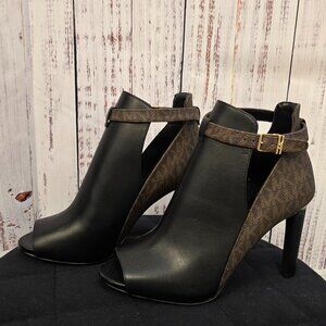 MK Open toe booties black w/brown signature logo NWOT